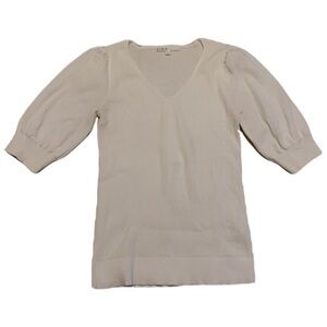 Cleo White V-Neck Ribbed Knit Puff Sleeve Top - Size S/P